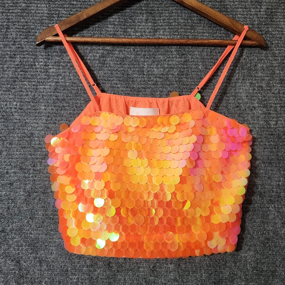 Anthropologie Neon Orange Sequin Crop Top
